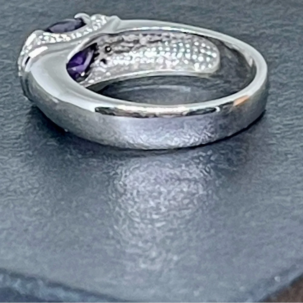 925 Real Amethyst Diamond Sterling Faceted Ring Sz 8